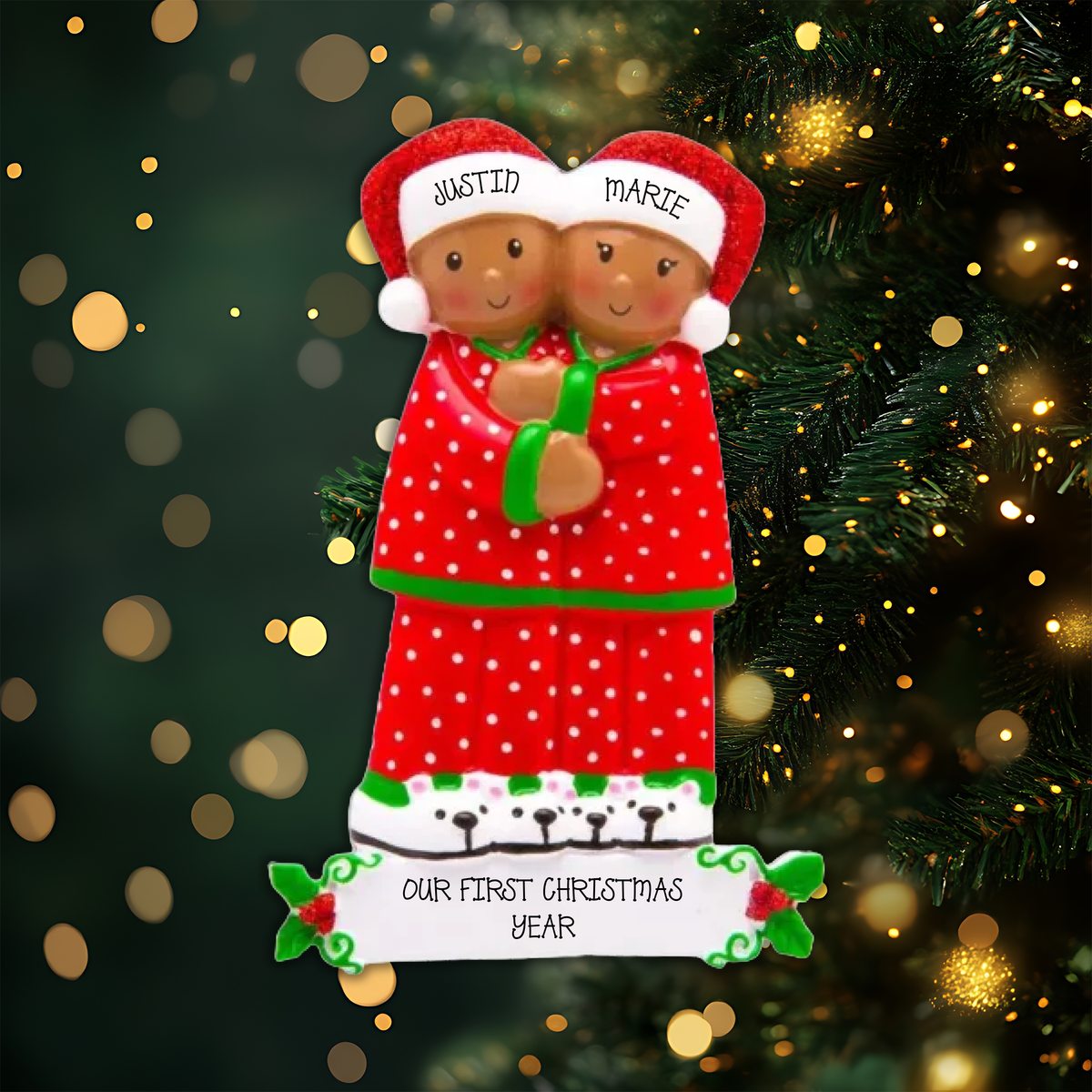 Peeking Couple African American Personalized Christmas Ornament