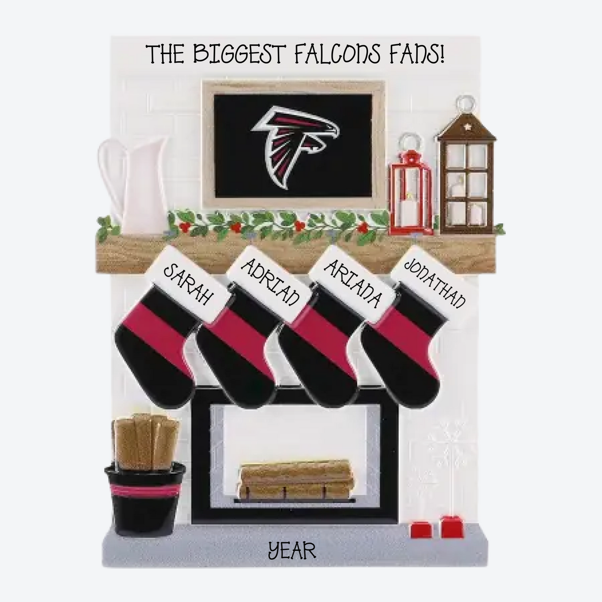 Atlanta Falcons Personalized Stocking Family of 4 Christmas Ornament