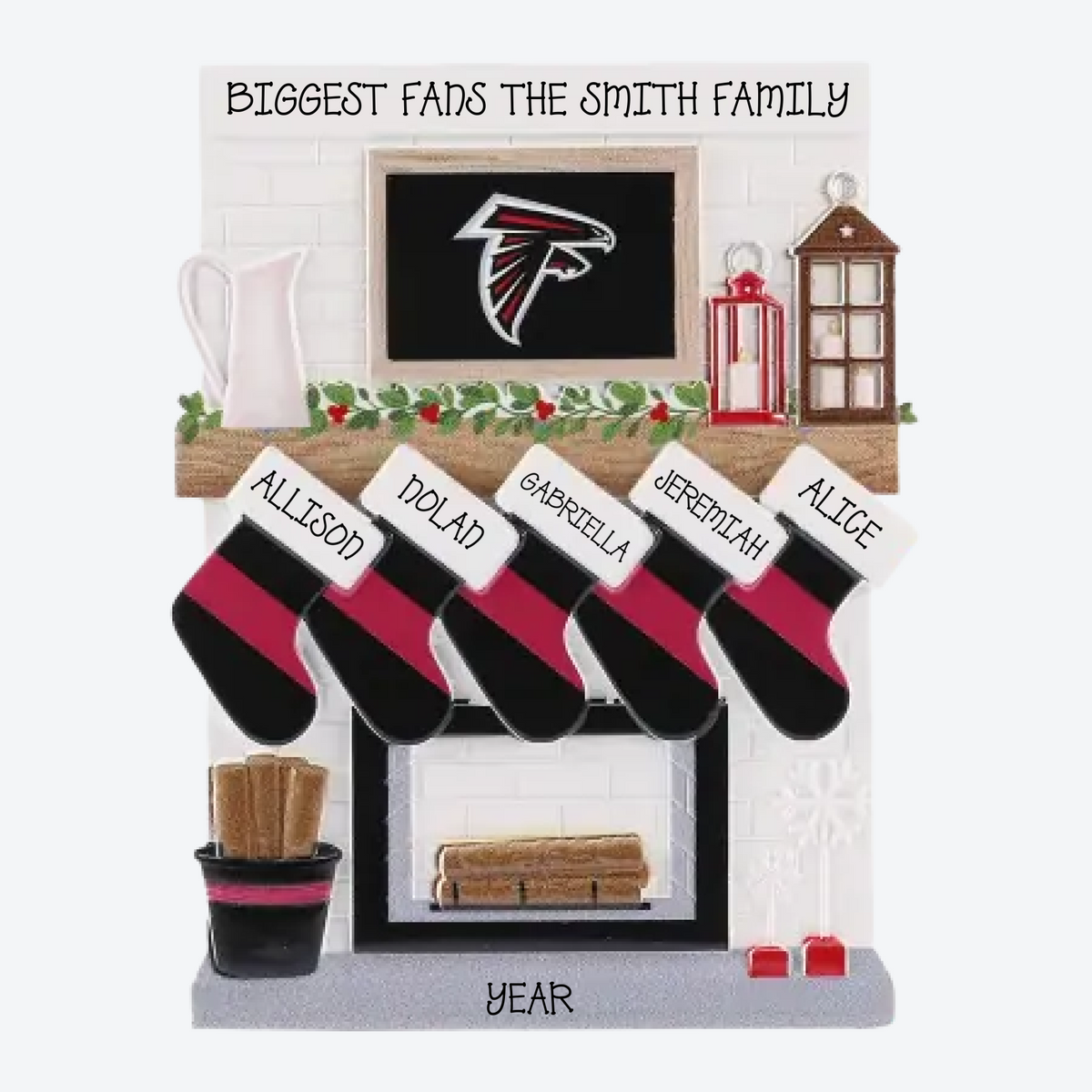 Atlanta Falcons Personalized Stocking Family of 5 Christmas Ornament