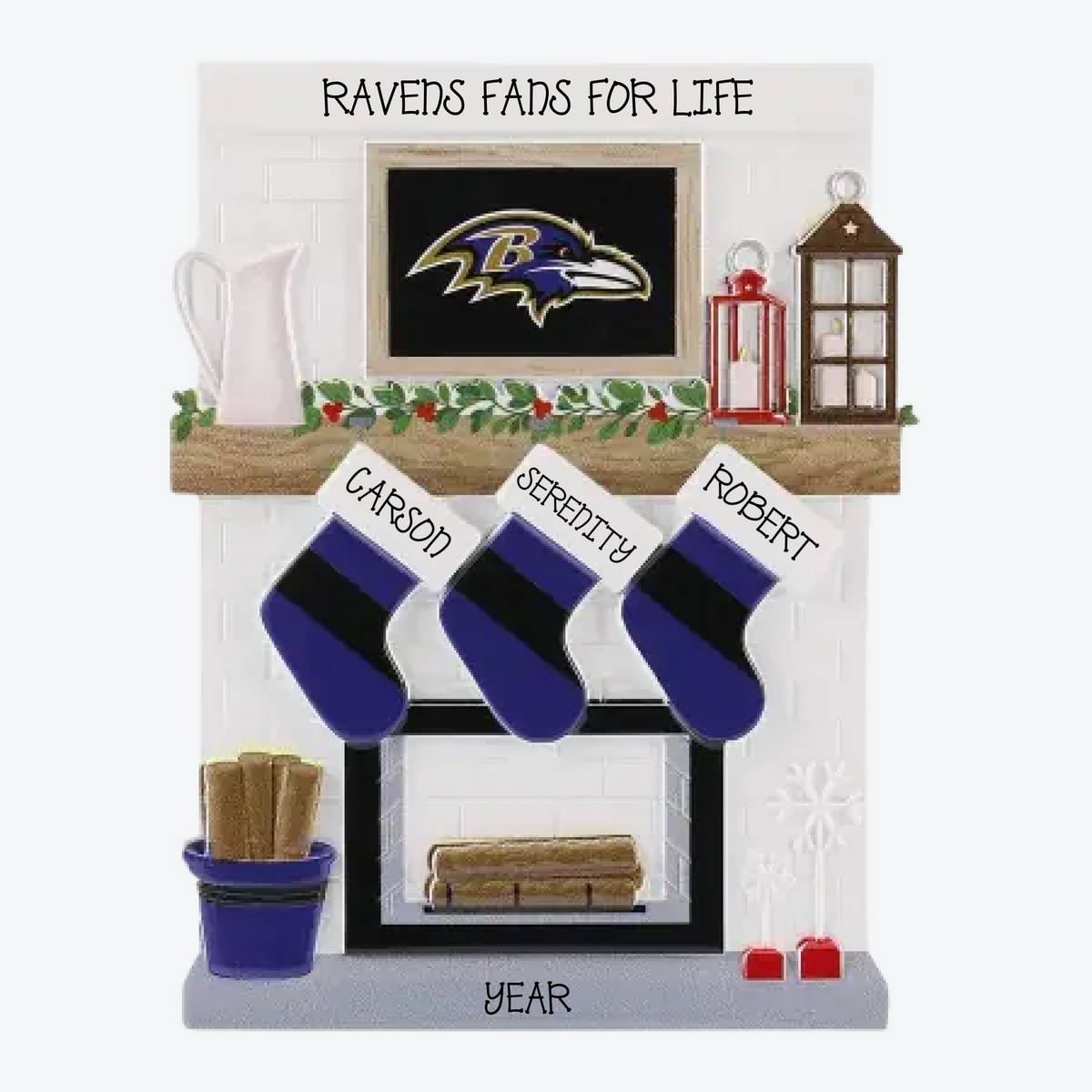 Baltimore Ravens Personalized Stocking Family of 3 Christmas Ornament