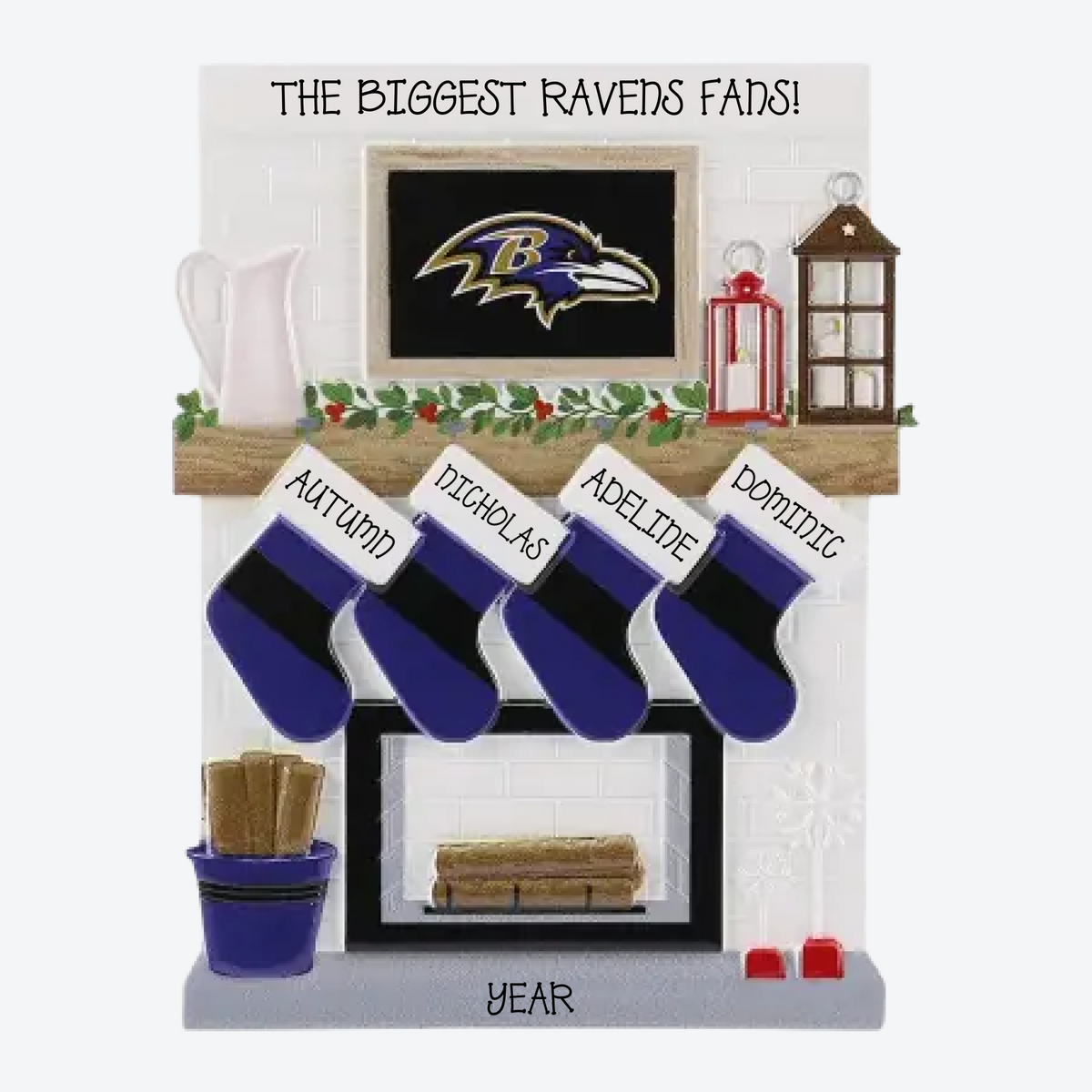 Baltimore Ravens Personalized Stocking Family of 4 Christmas Ornament