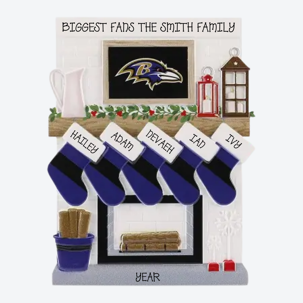 Baltimore Ravens Personalized Stocking Family of 5 Christmas Ornament