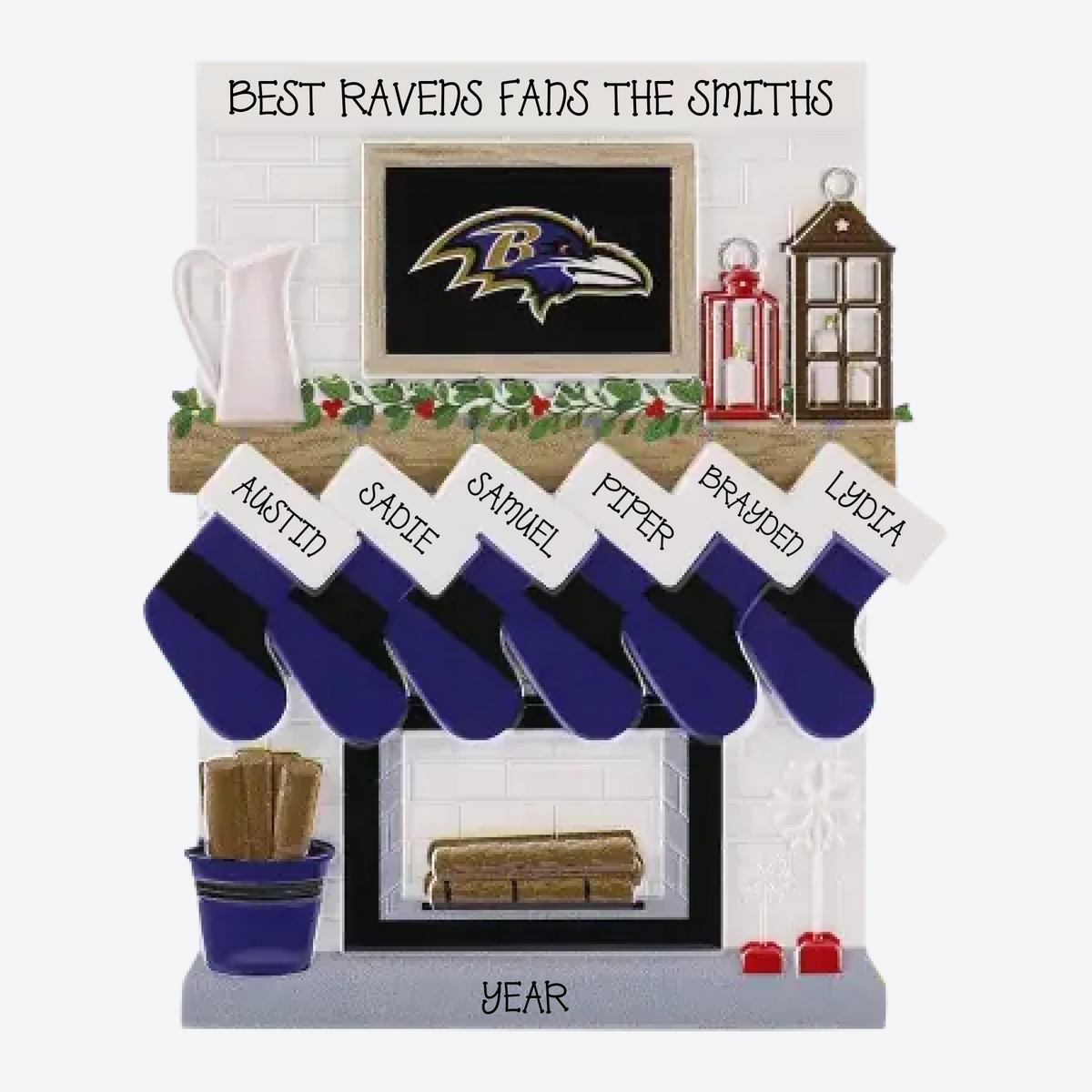 Baltimore Ravens Personalized Stocking Family of 6 Christmas Ornament