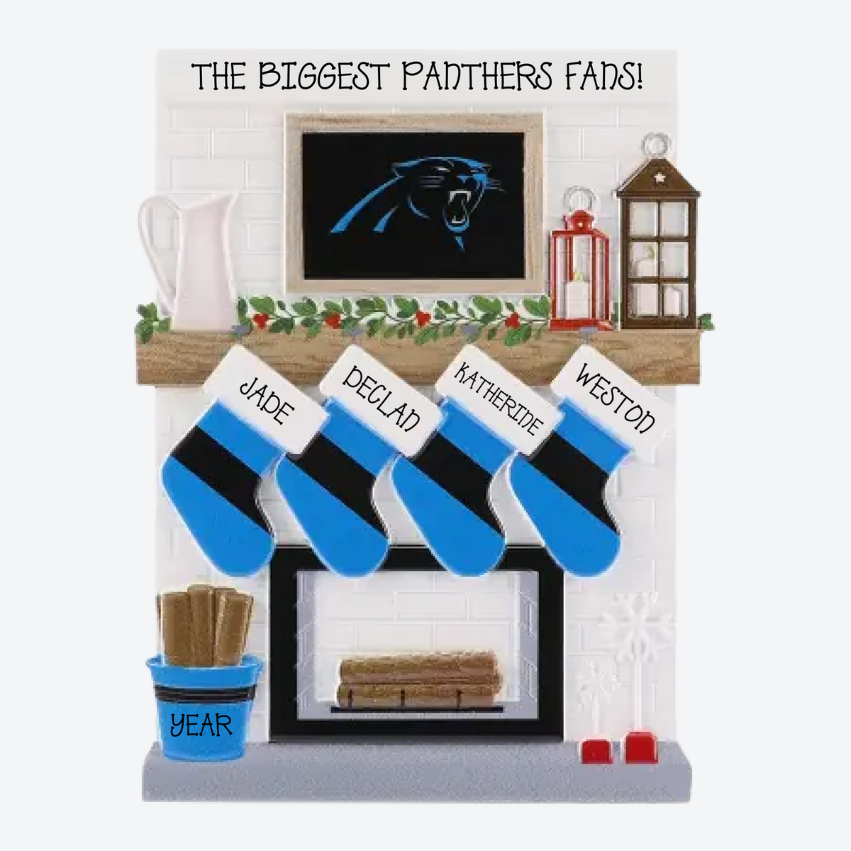 Carolina Panthers Personalized Stocking Family of 4 Christmas Ornament