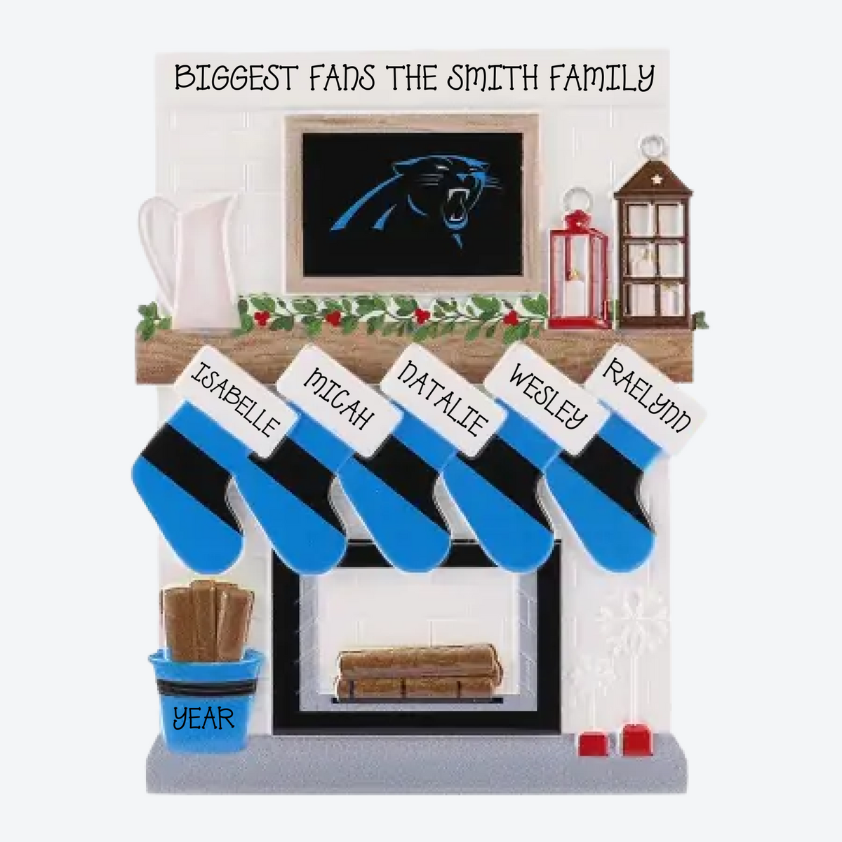 Carolina Panthers Personalized Stocking Family of 5 Christmas Ornament