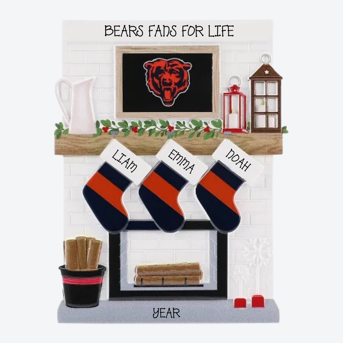 Chicago Bears Personalized Stocking Family of 3 Christmas Ornament