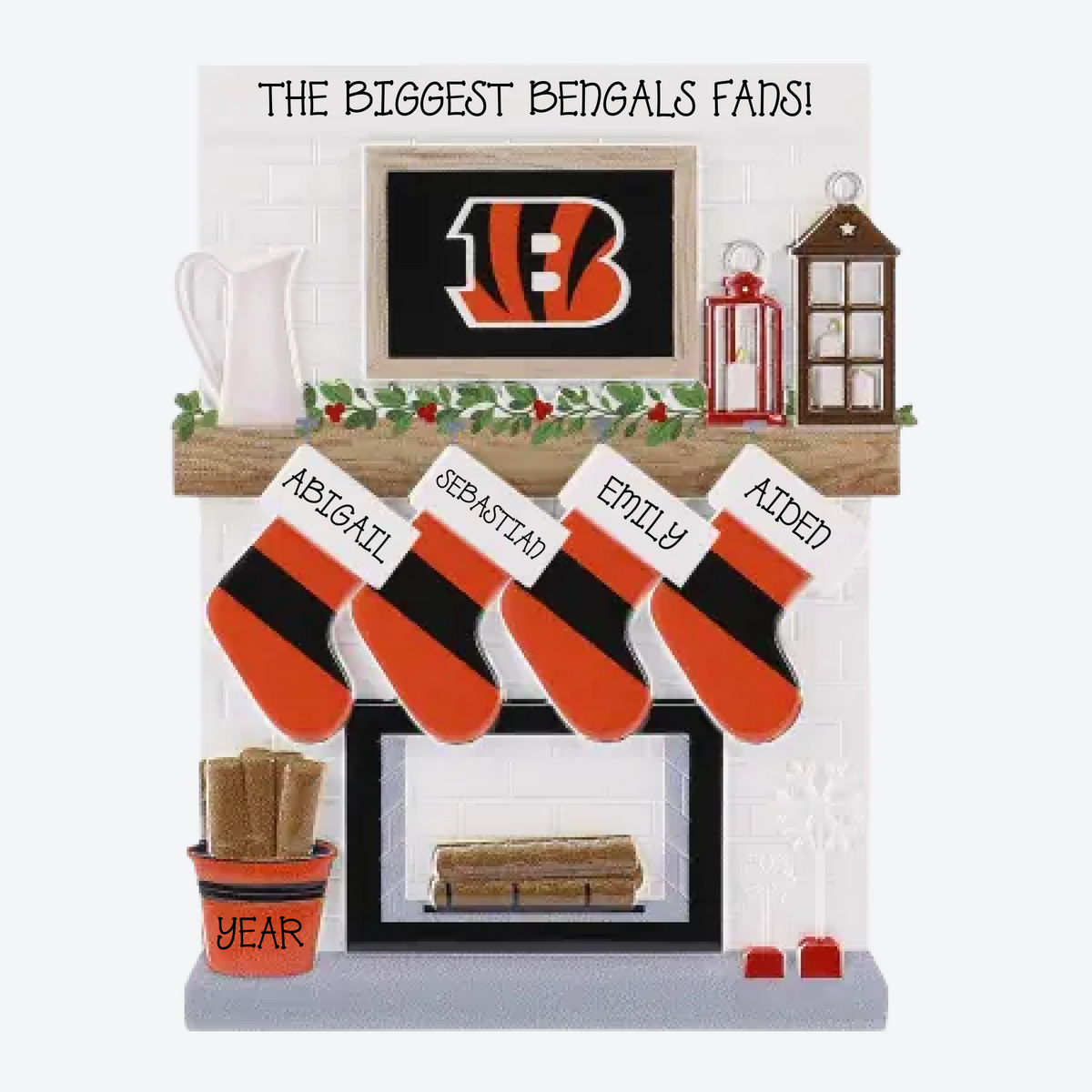 Cincinnati Bengals Personalized Stocking Family of 4 Christmas Ornament