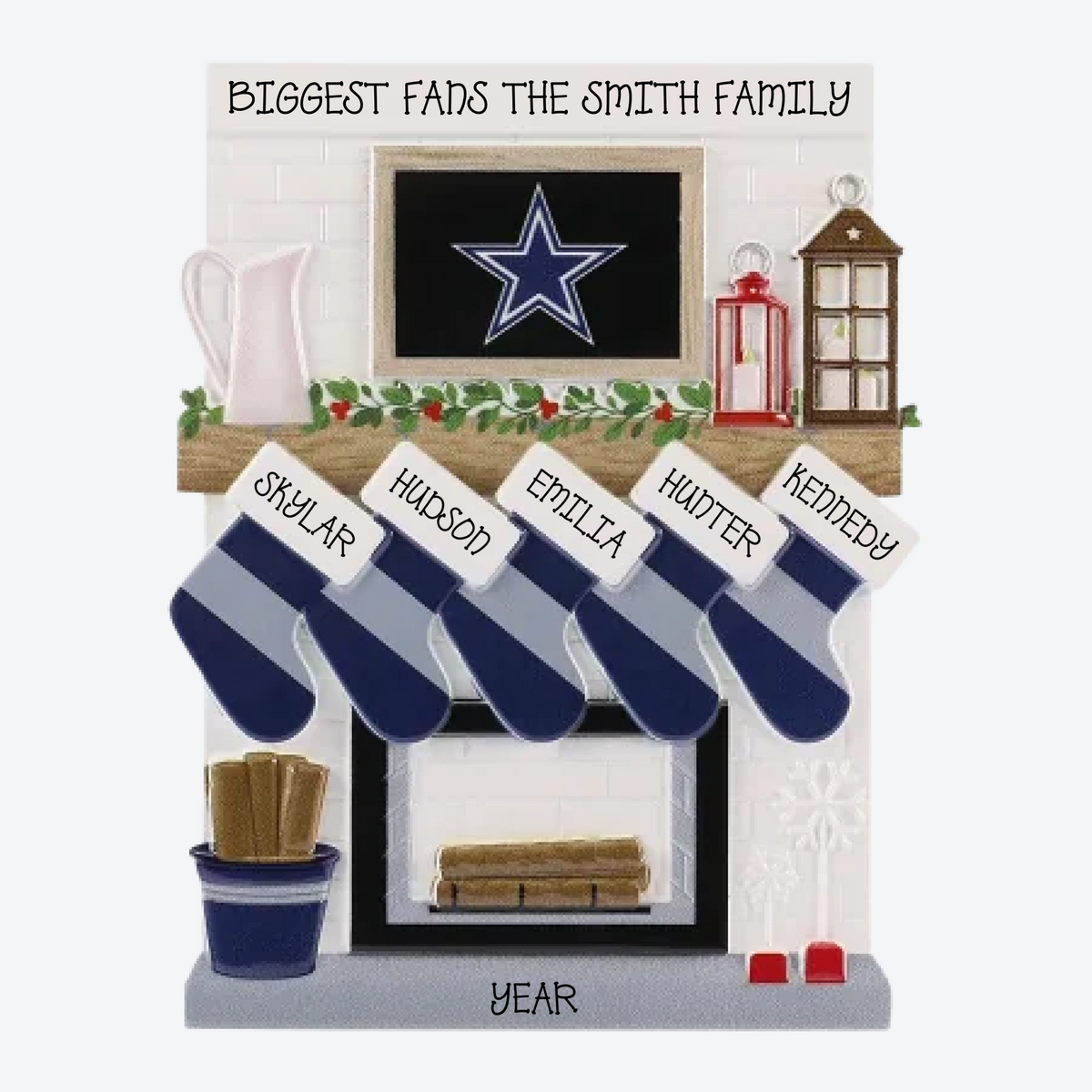 Dallas Cowboys Personalized Stocking Family of 5 Christmas Ornament