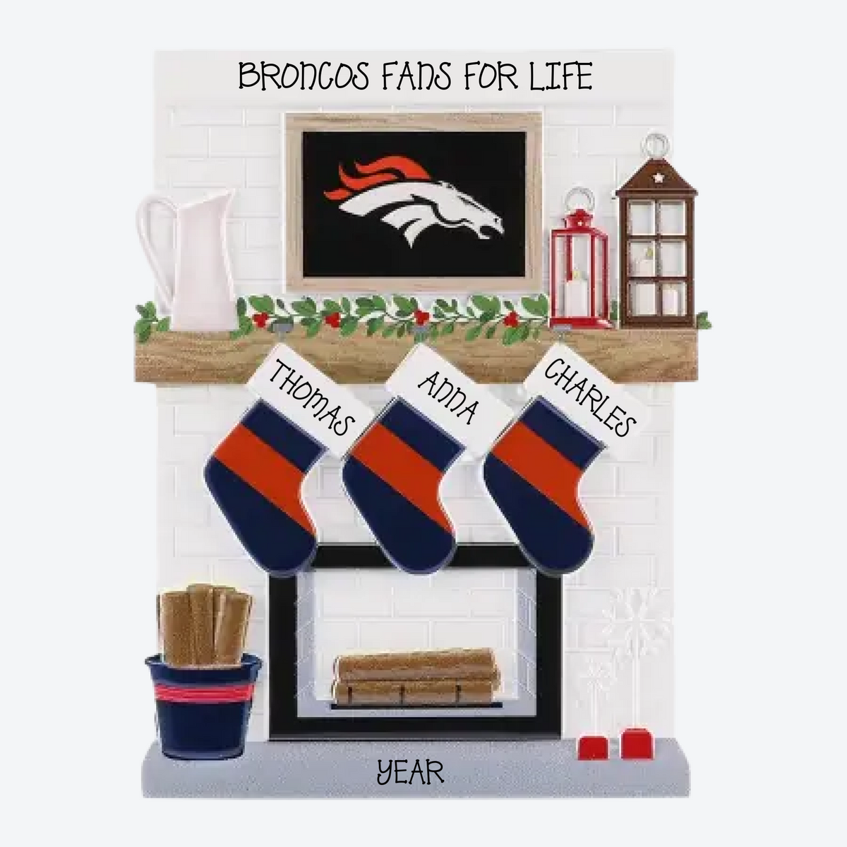 Denver Broncos Personalized Stocking Family of 3 Christmas Ornament