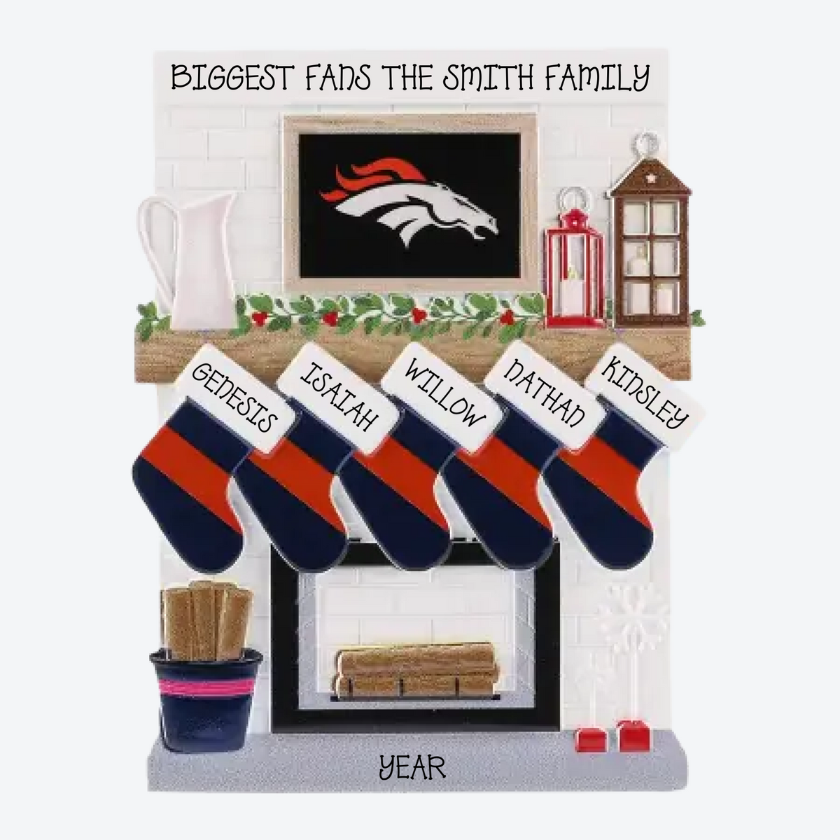 Denver Broncos Personalized Stocking Family of 5 Christmas Ornament