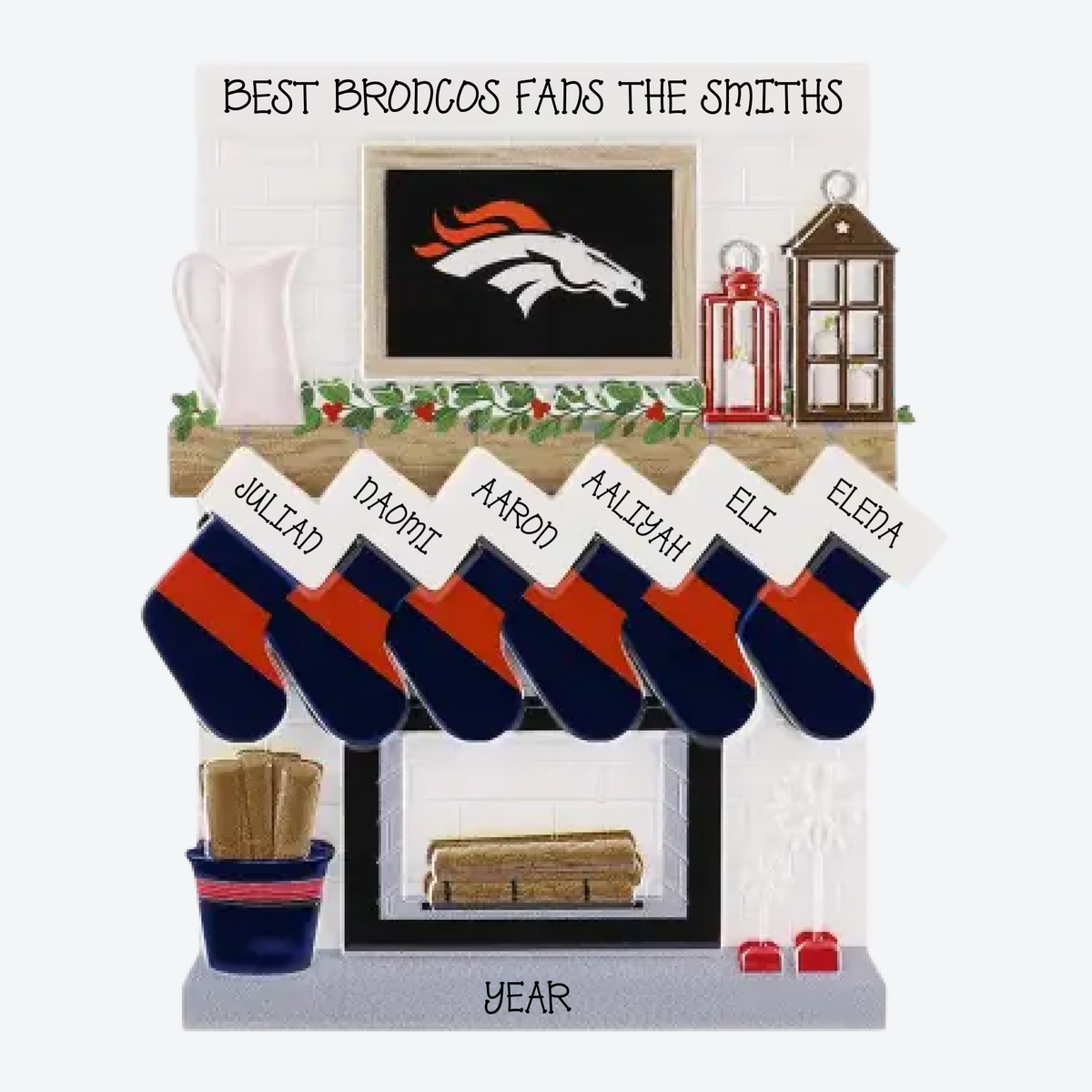 Denver Broncos Personalized Stocking Family of 6 Christmas Ornament