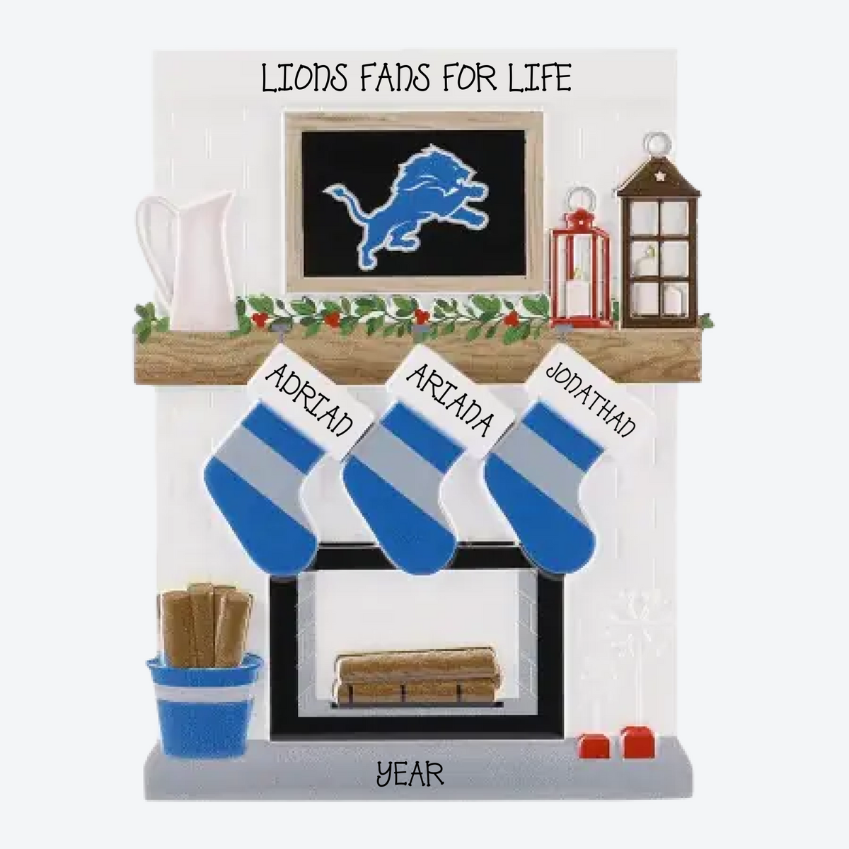 Detroit Lions Personalized Stocking Family of 3 Christmas Ornament