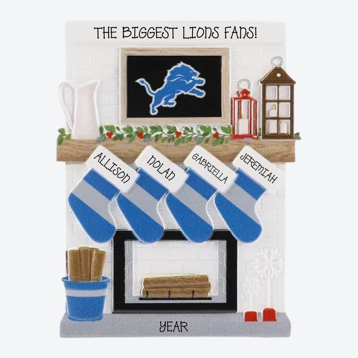 Detroit Lions Personalized Stocking Family of 4 Christmas Ornament