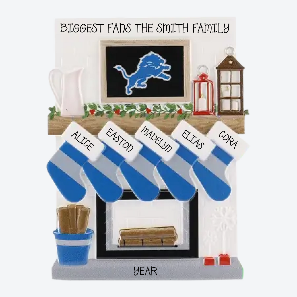 Detroit Lions Personalized Stocking Family of 5 Christmas Ornament