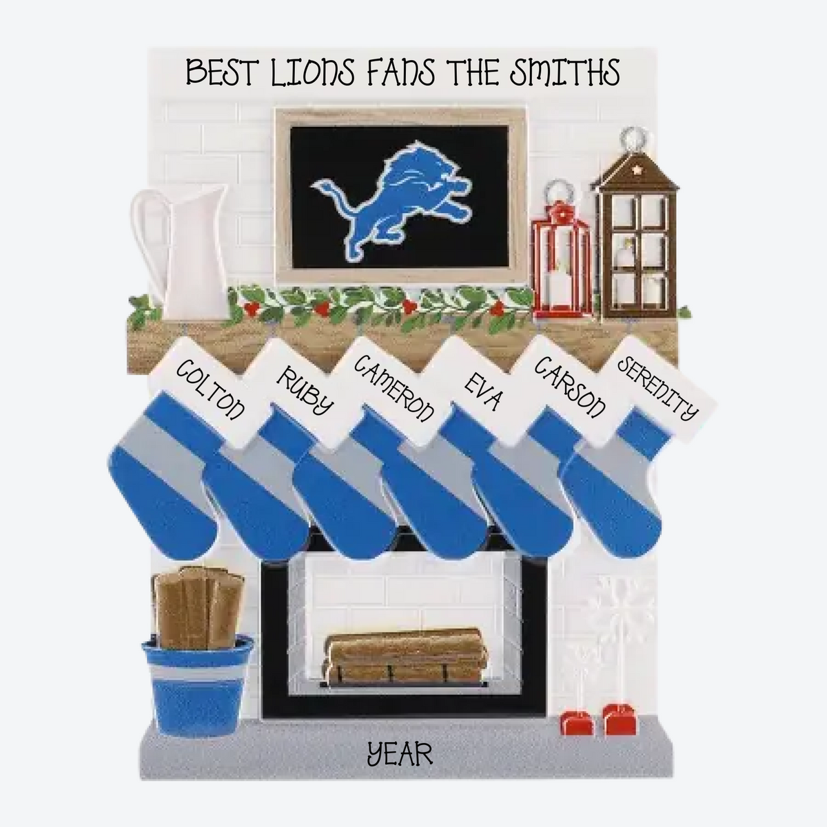 Detroit Lions Personalized Stocking Family of 6 Christmas Ornament