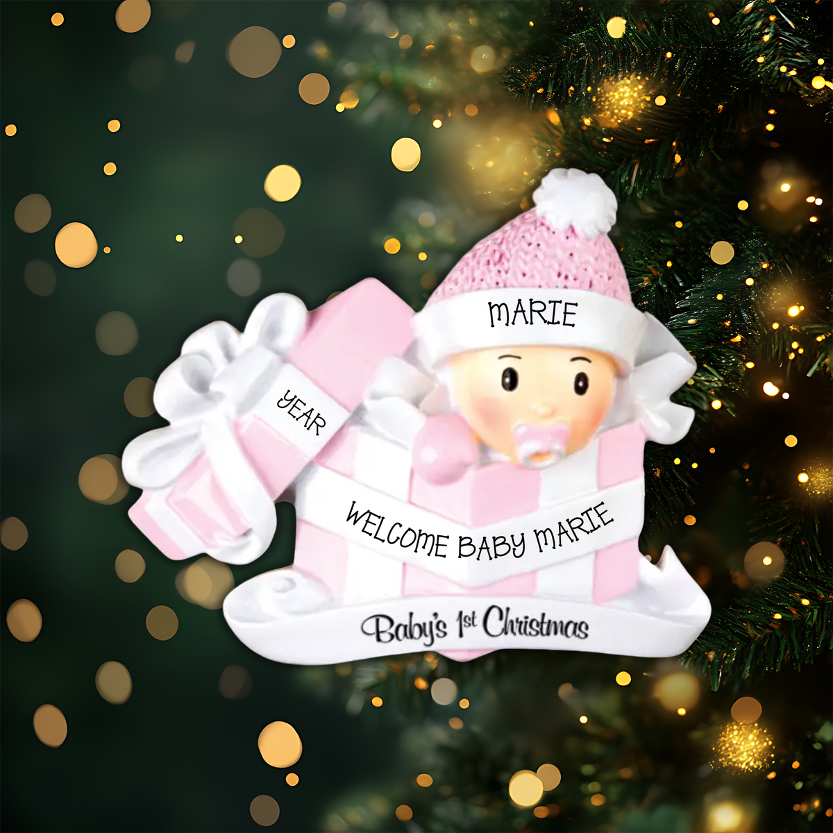 Baby Girl In Present Personalized Christmas Ornament