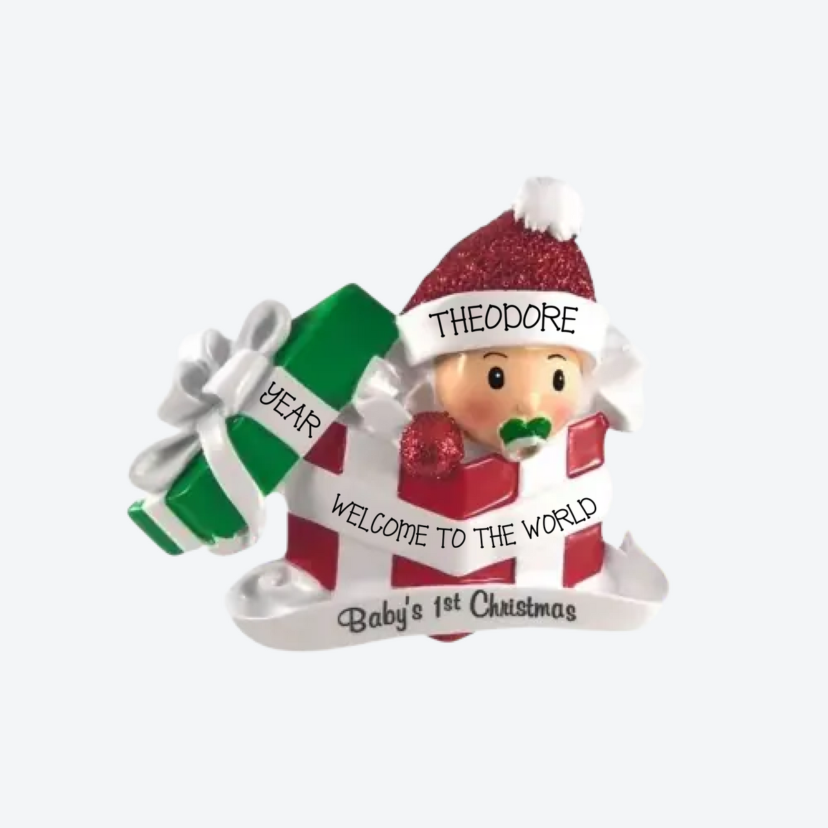 Baby In Present- Red + Green Personalized Christmas Ornament