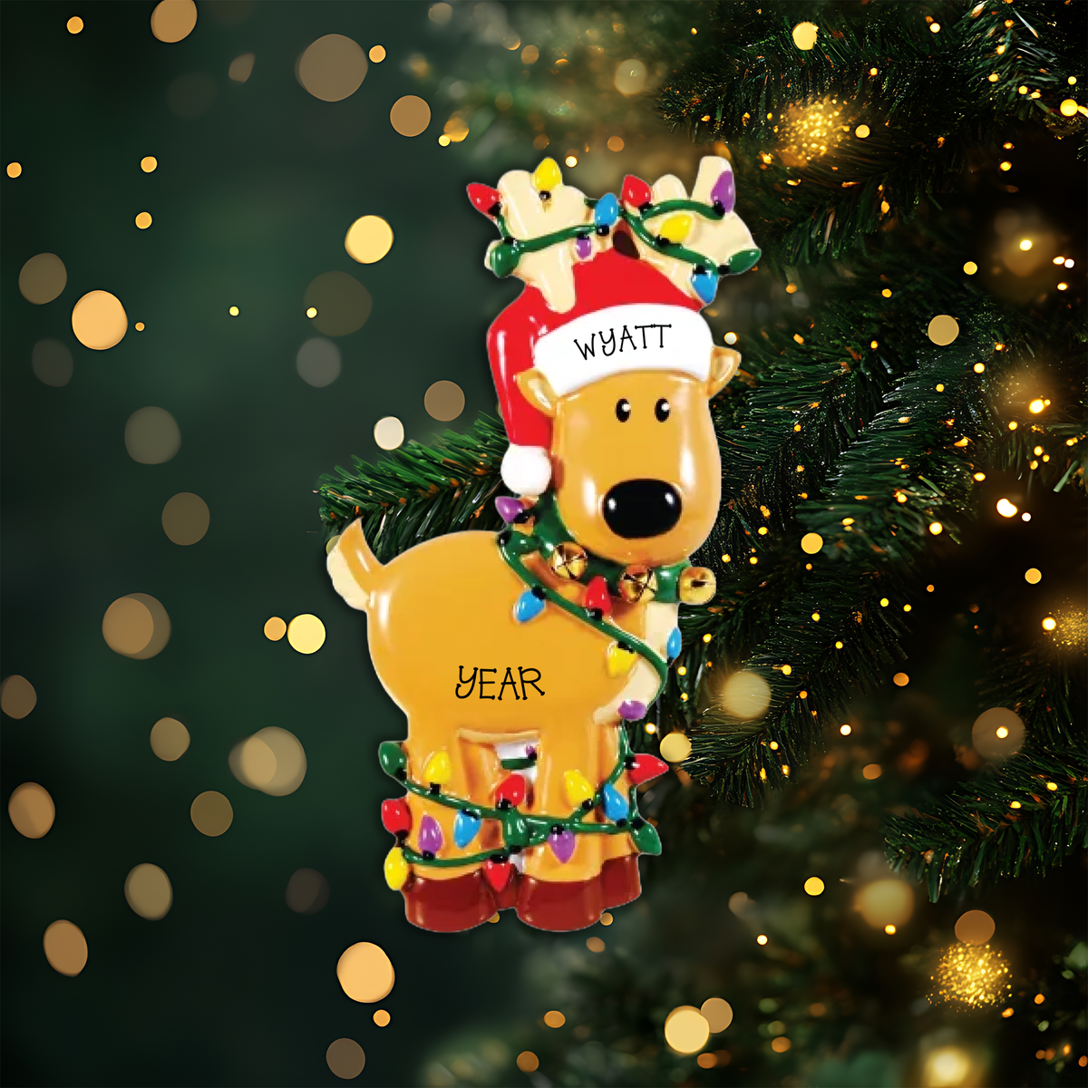 Deer Tangled in Lights Personalized Christmas Ornament