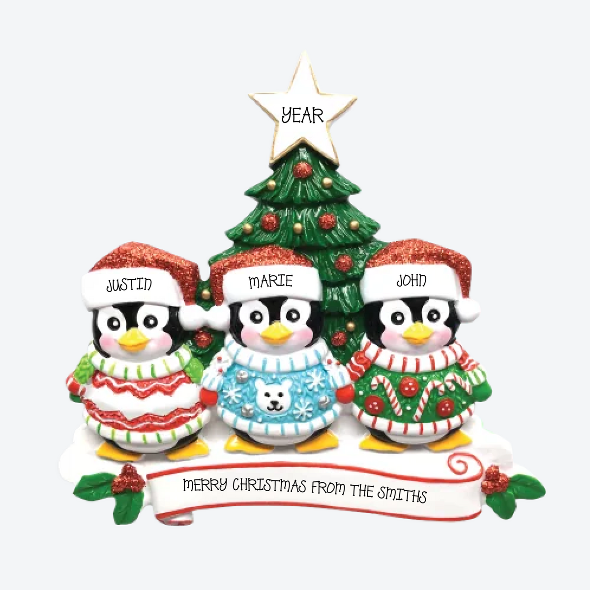 Ugly Sweater Family of 3 Personalized Christmas Ornament