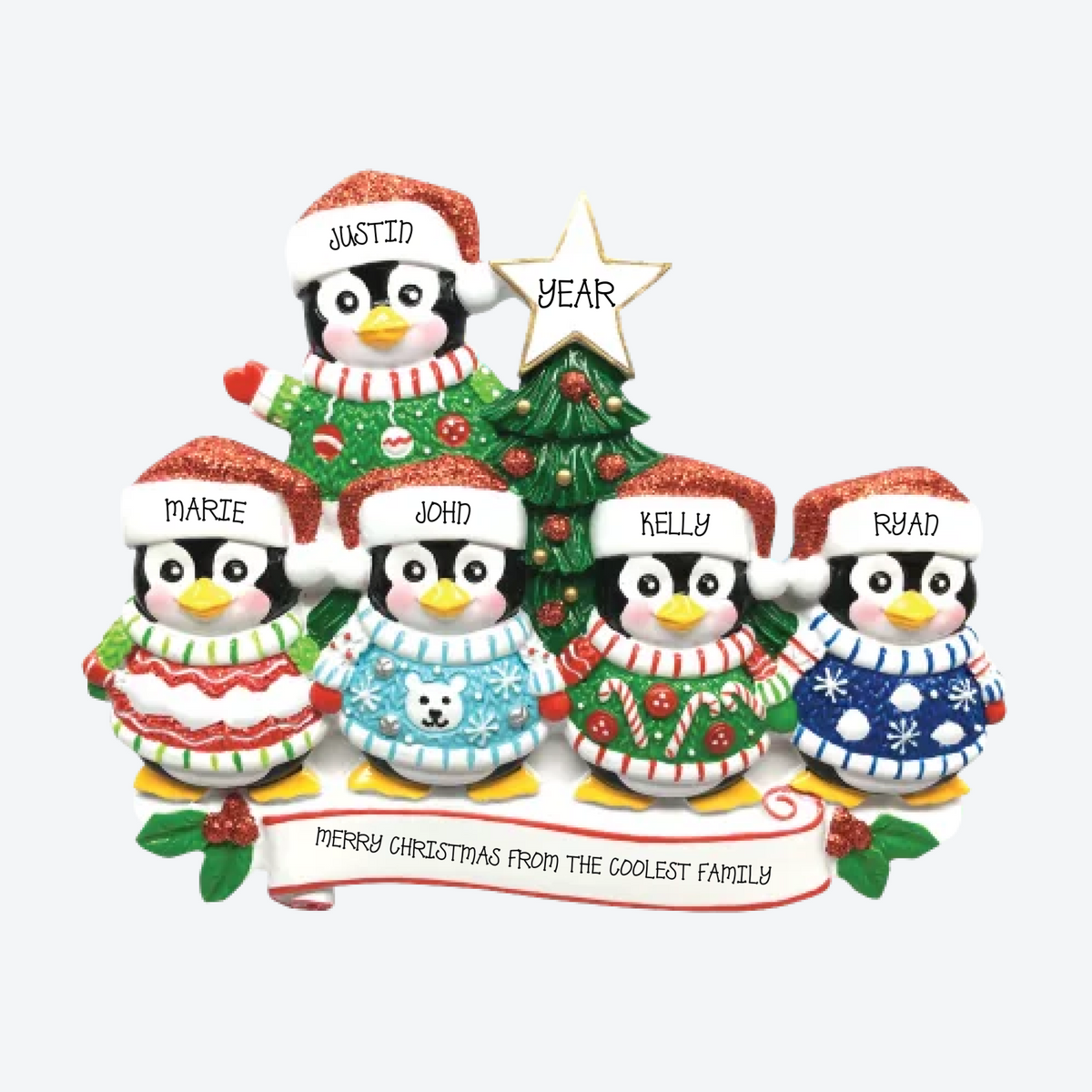 Ugly Sweater Family of 5 Personalized Christmas Ornament