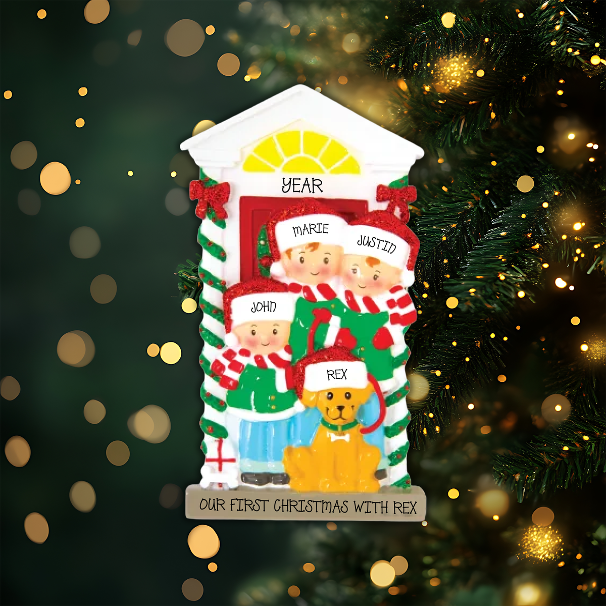 Family of 3 with Dog Personalized Christmas Ornament