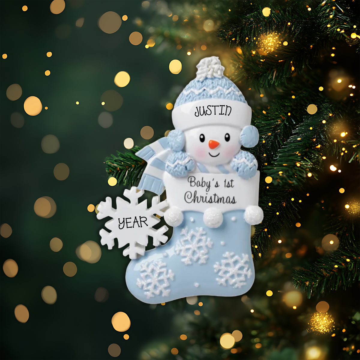 Baby Boy Snowman Stocking Personalized Christmas Ornament