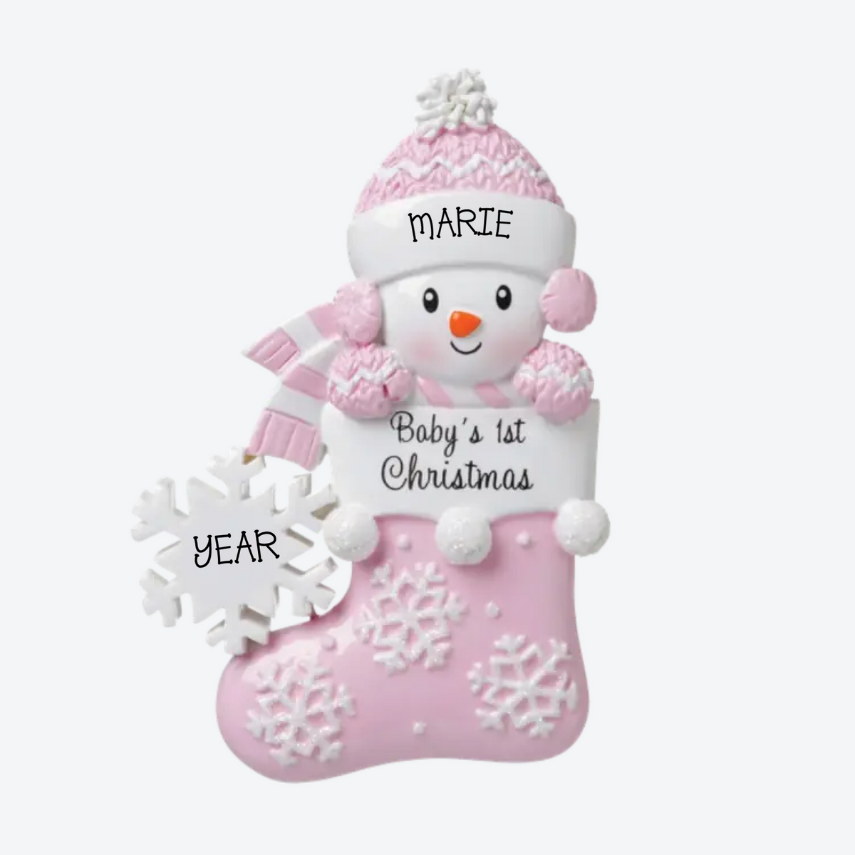 Baby Snowman in Stocking Pink Personalized Christmas Ornament