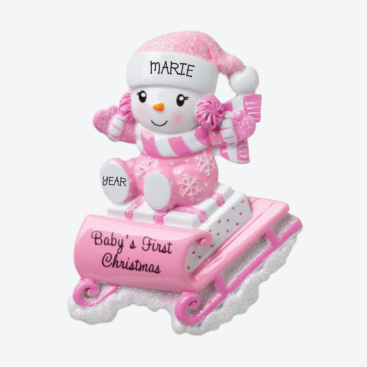 Snowbaby on Sled Pink Personalized Christmas Ornament