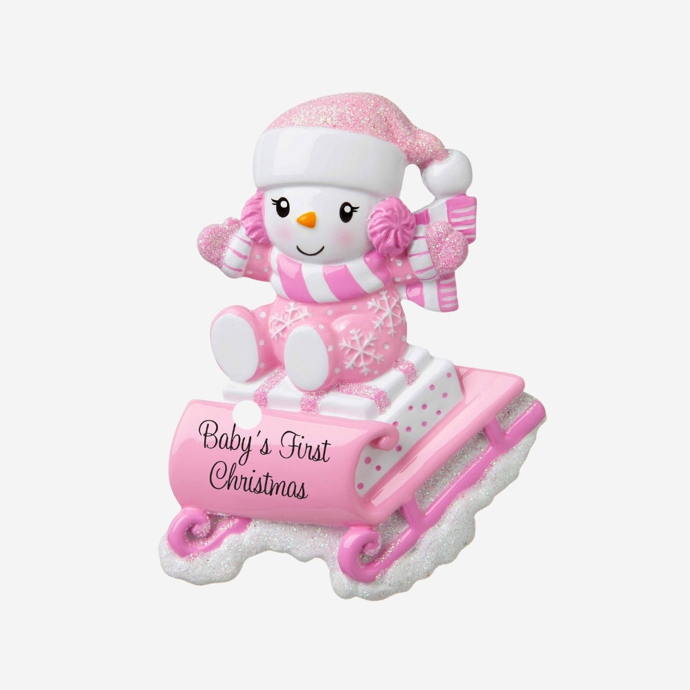 Snowbaby on Sled Pink Personalized Christmas Ornament