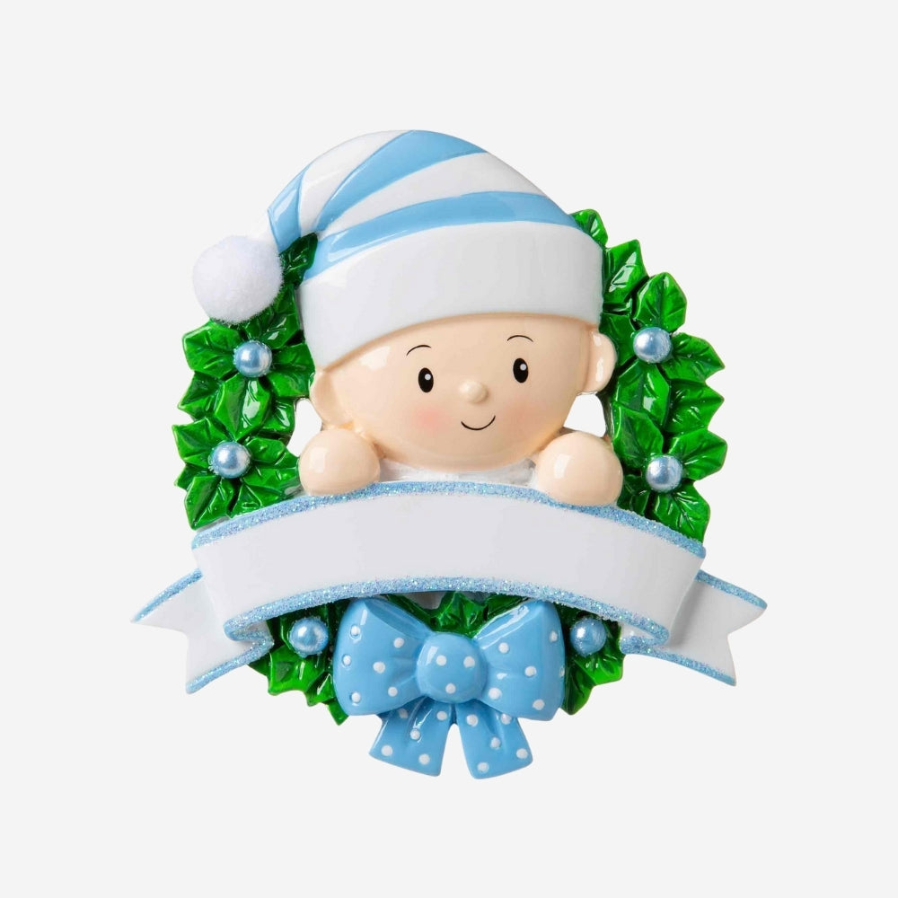 Baby in a Wreath Light Blue Personalized Christmas Ornament