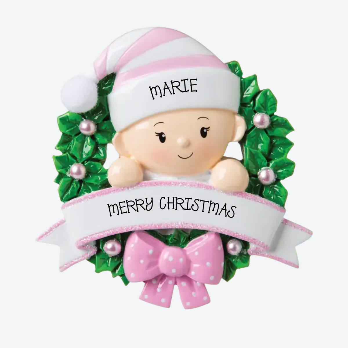 Baby in a Wreath Pink Personalized Christmas Ornament