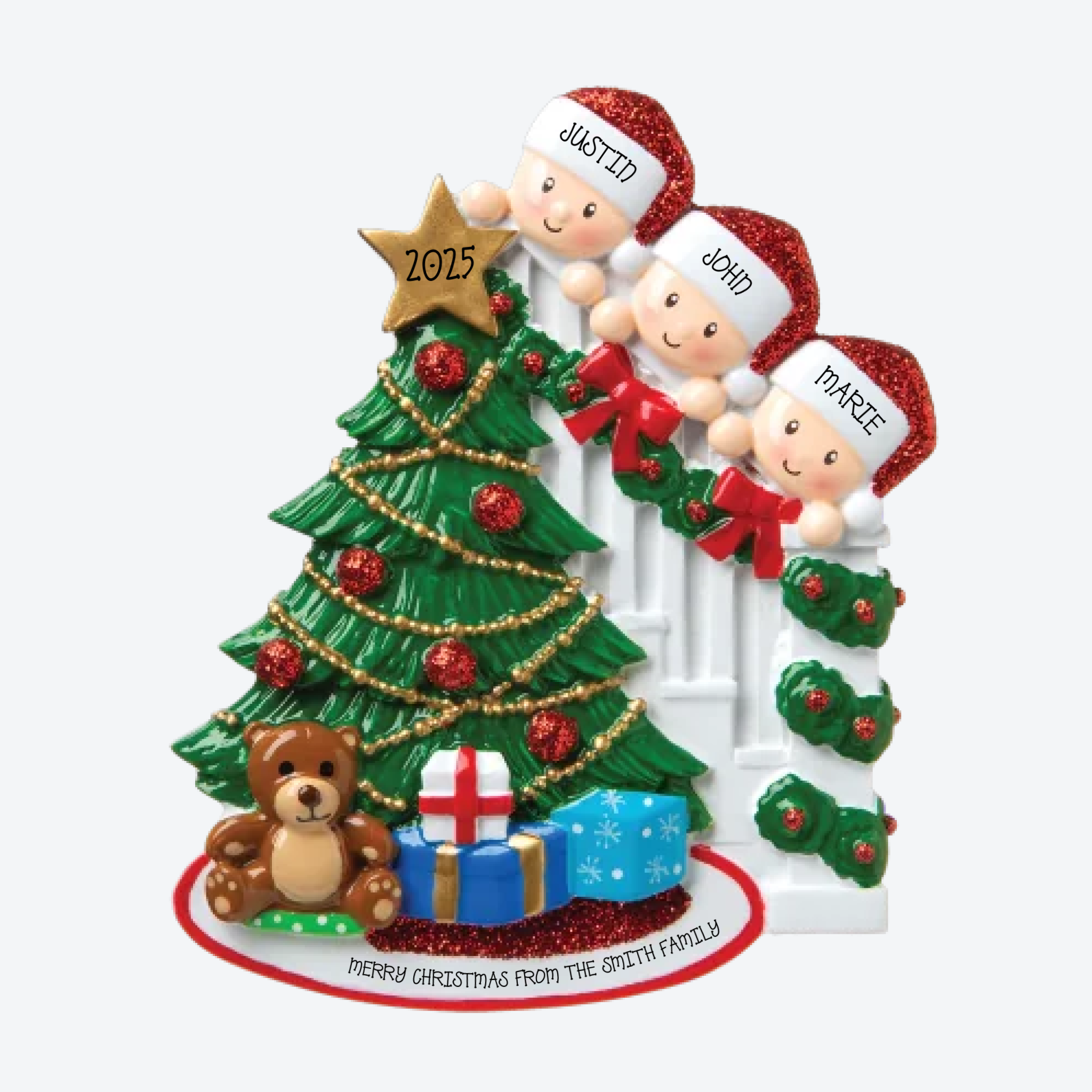 Peeking Family of 3 Personalized Christmas Ornament