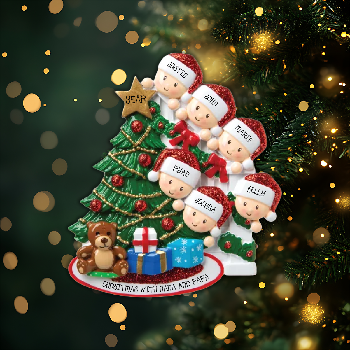Peeking Family of 6 Personalized Christmas Ornament