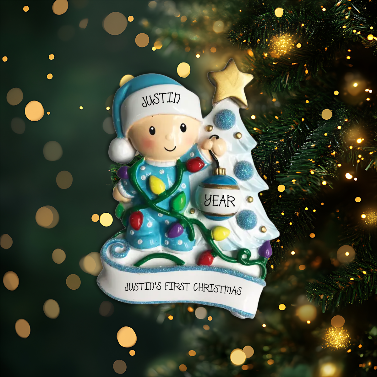Baby Decorating a Tree Light Blue Personalized Christmas Ornament