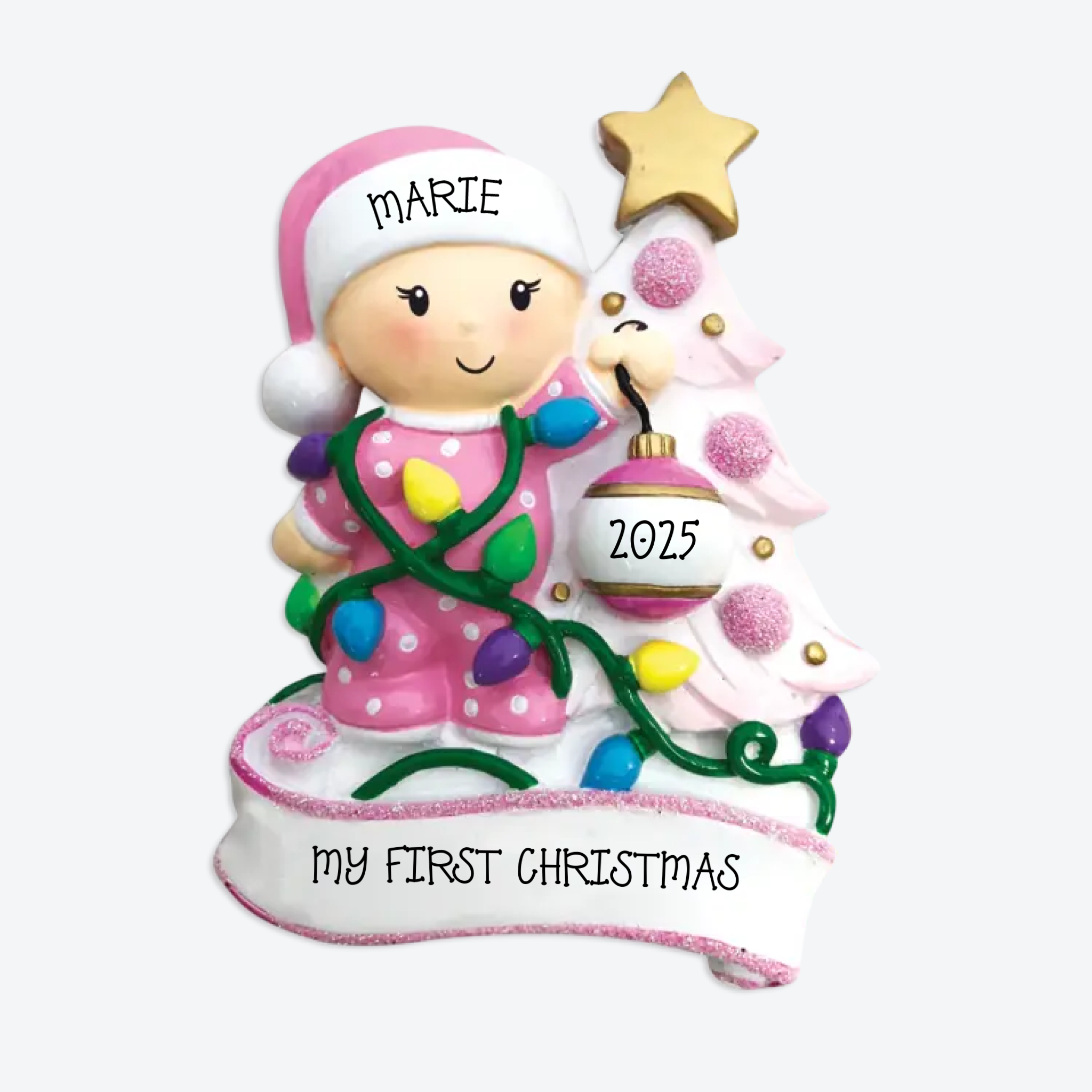 Baby Decorating A Tree Pink Personalized Christmas Ornament