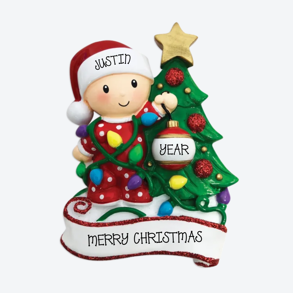 Baby Decorating A Tree Red & Green Personalized Christmas Ornament