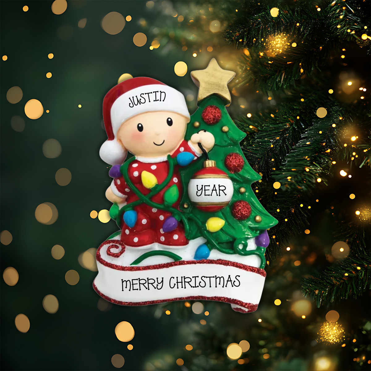 Baby Decorating A Tree Red & Green Personalized Christmas Ornament