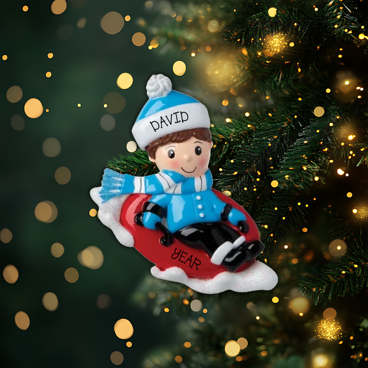 Boy Snow Tubing Personalized Christmas Ornament