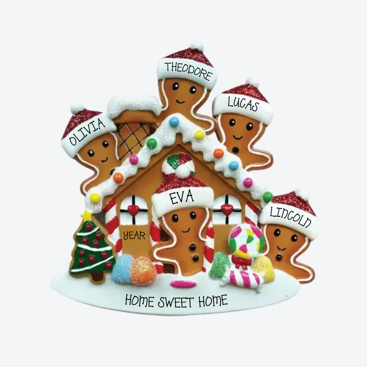 Gingerbread House Family Of 5 Personalized Christmas Ornament