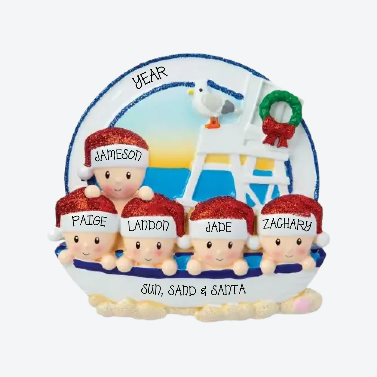 Beach Family Of 5 Personalized Christmas Ornament