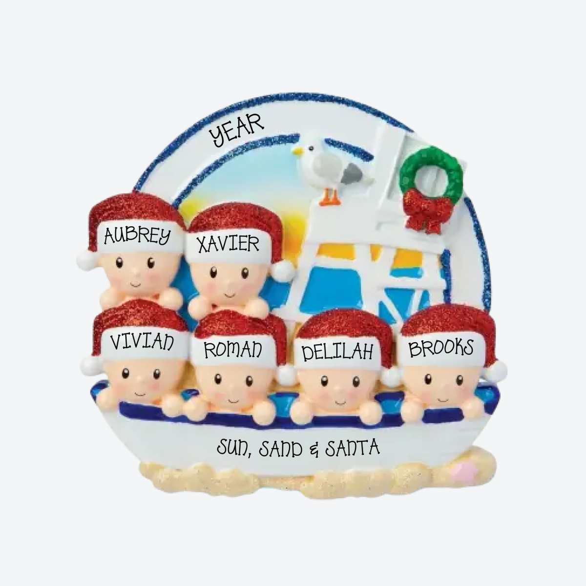 Beach Family Of 6 Personalized Christmas Ornament