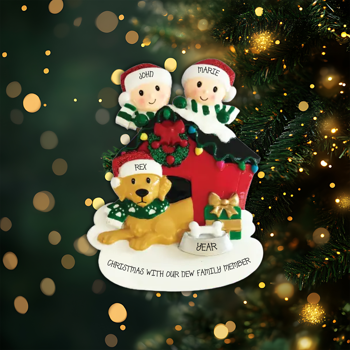 Family Of Two W/Dog Personalized Christmas Ornament