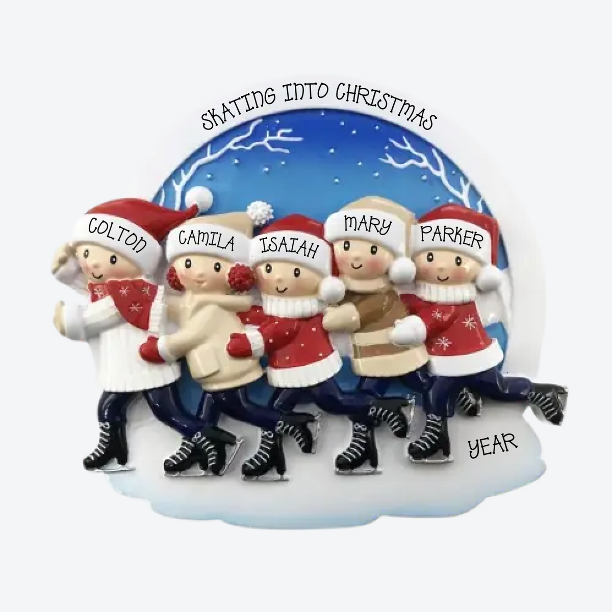 Ice Skating Family Of 5 Personalized Christmas Ornament