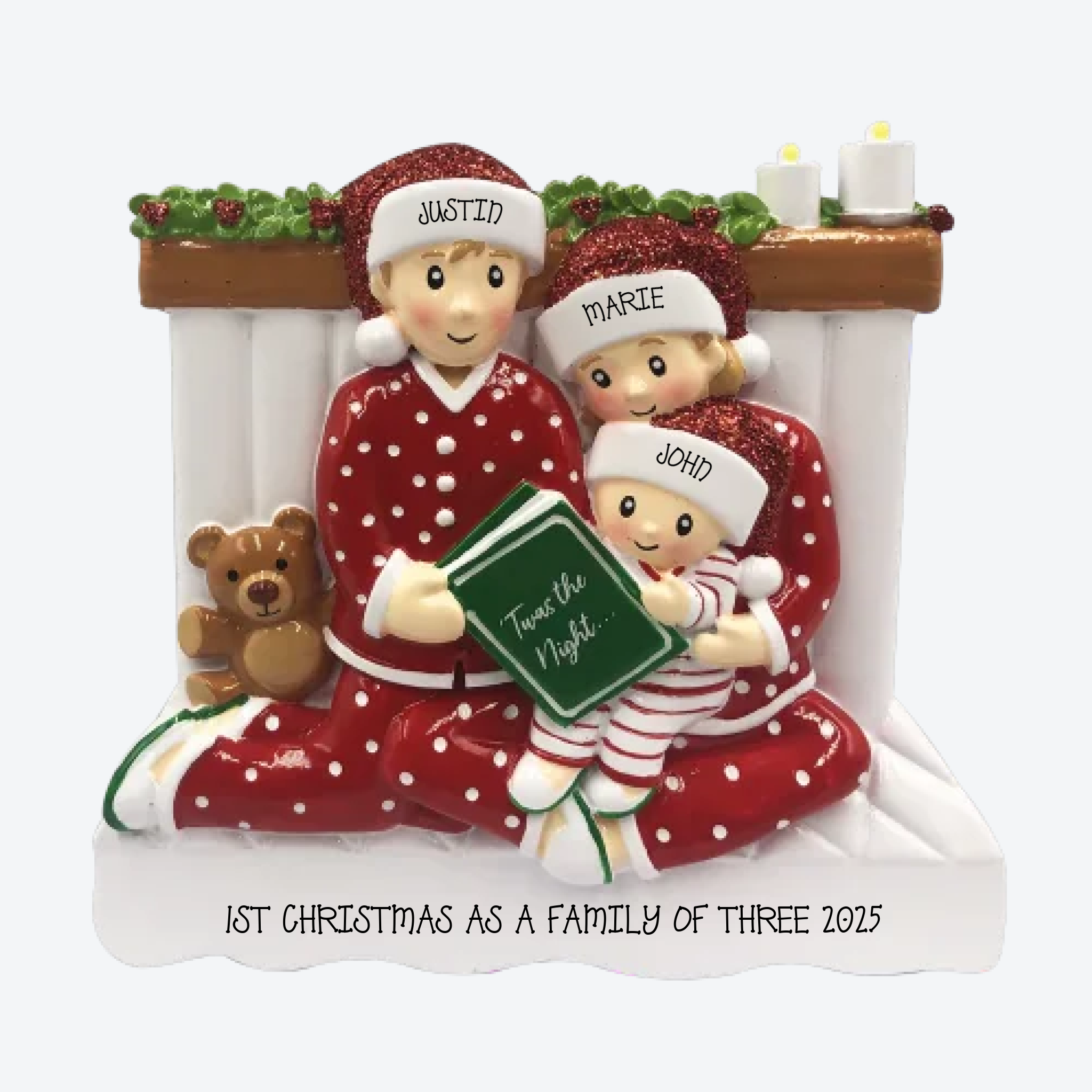 Reading In Bed Family of 3 Personalized Christmas Ornament