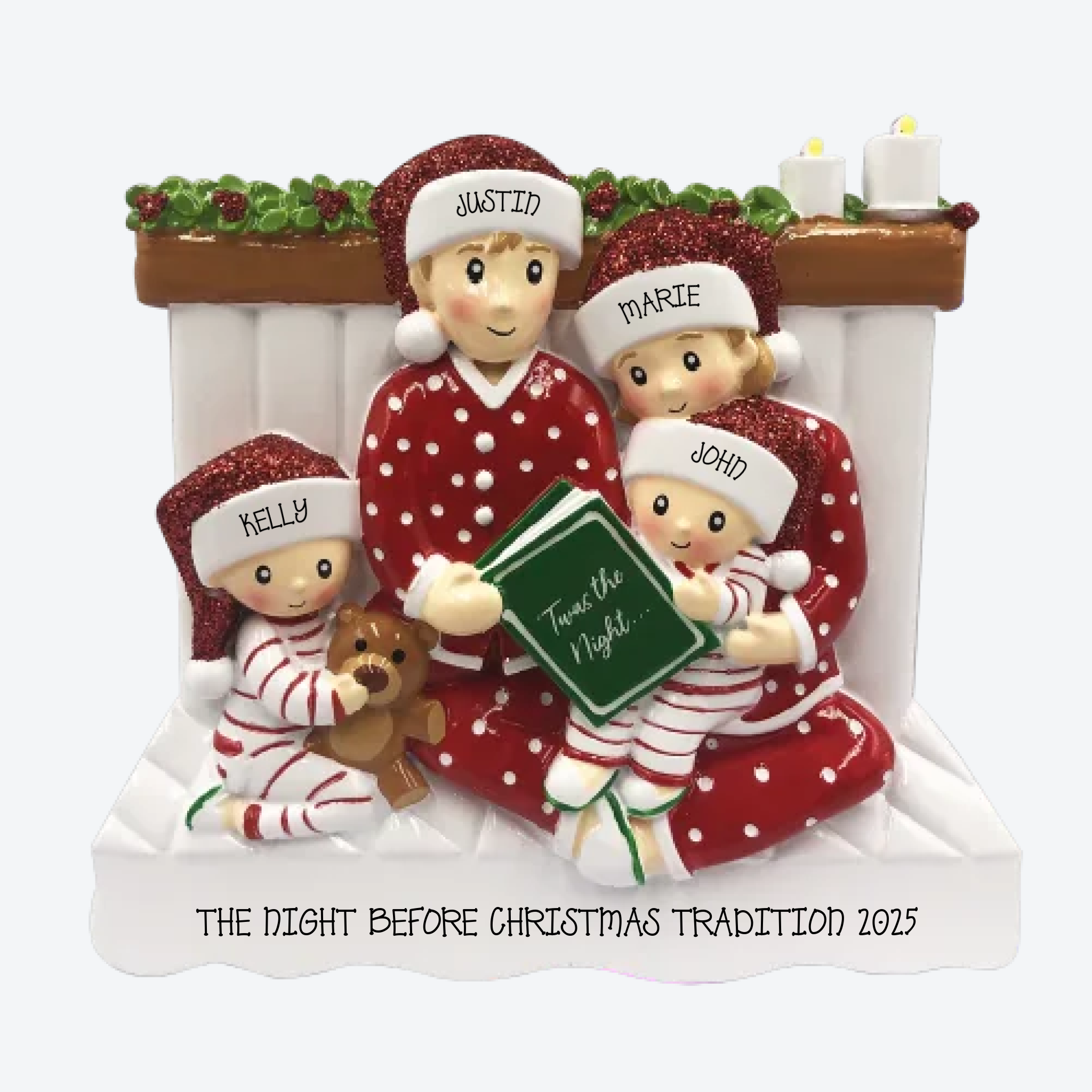 Reading In Bed Family of 4 Personalized Christmas Ornament