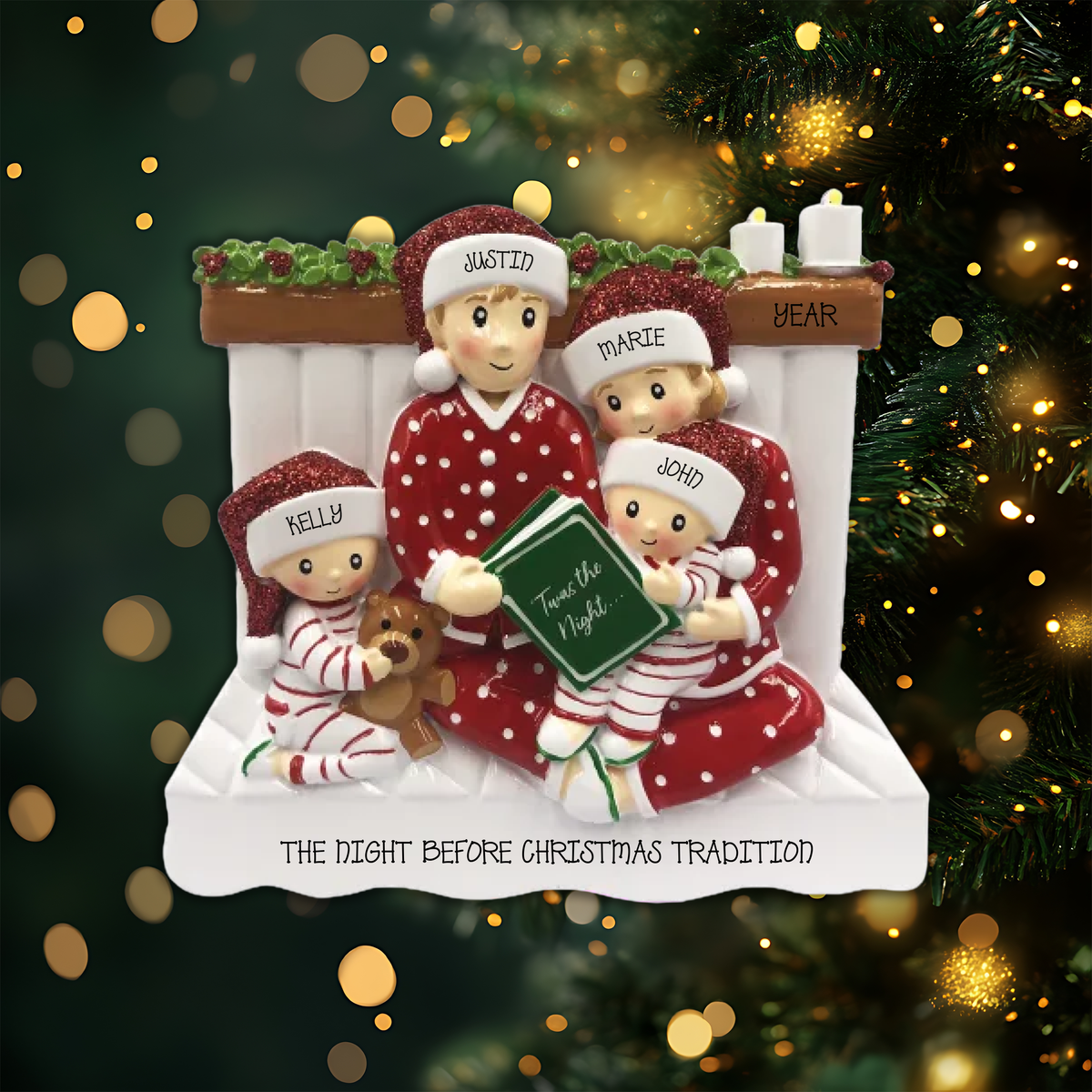 Reading In Bed Family of 4 Personalized Christmas Ornament