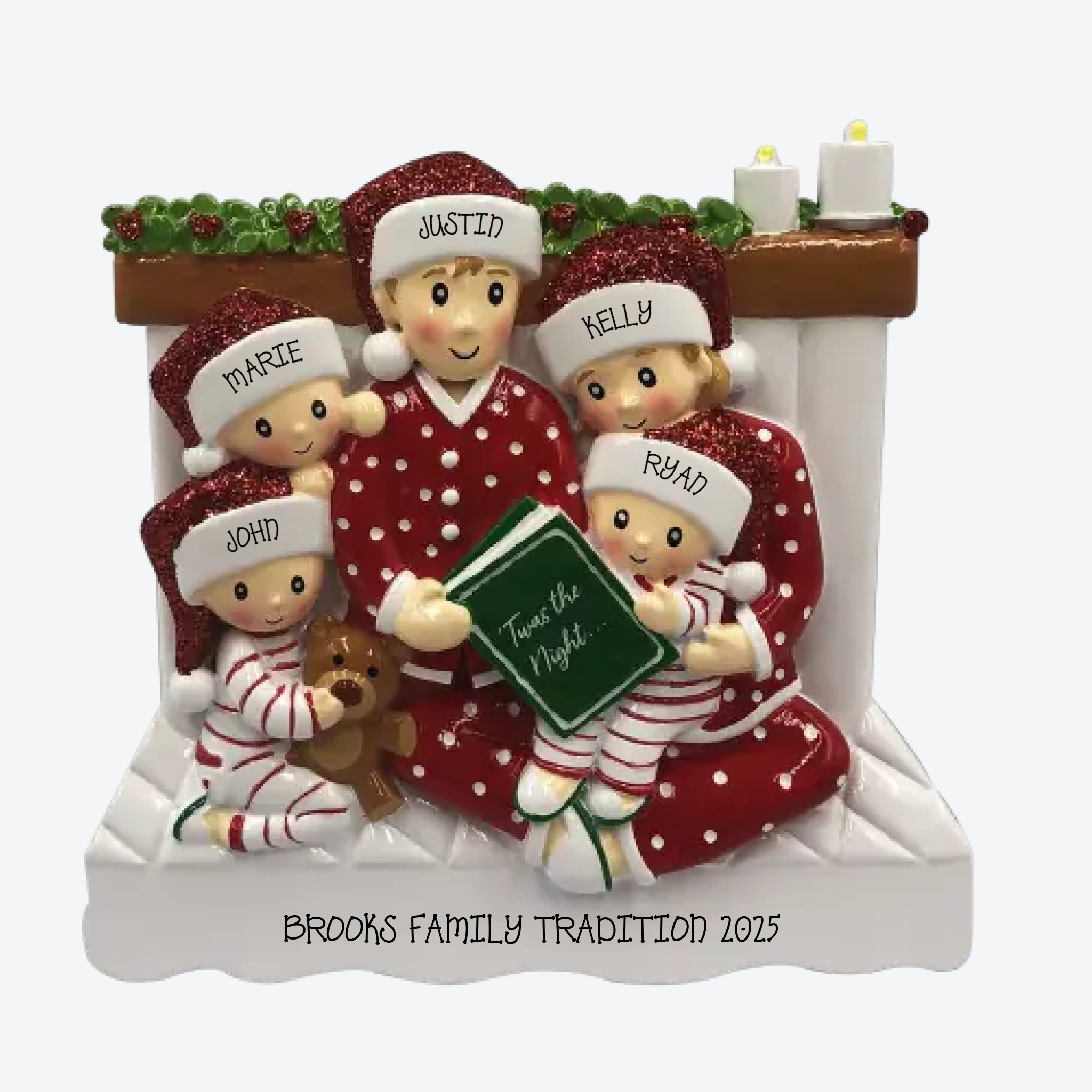 Reading In Bed Family of 5 Personalized Christmas Ornament