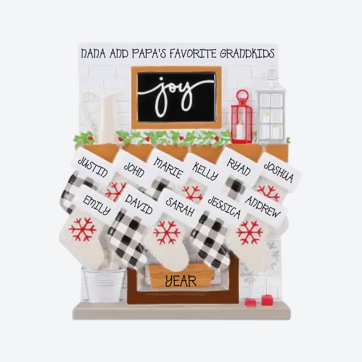 Fireplace Mantle Family of 11 Personalized Christmas Ornament