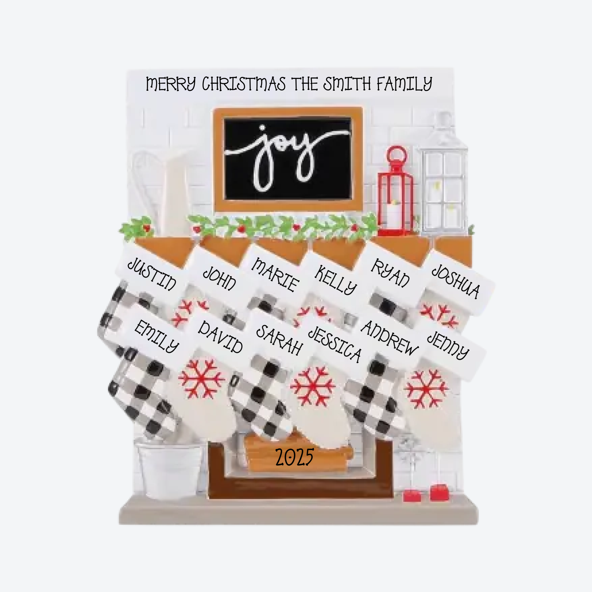 Fireplace Mantle Family of 12 Personalized Christmas Ornament