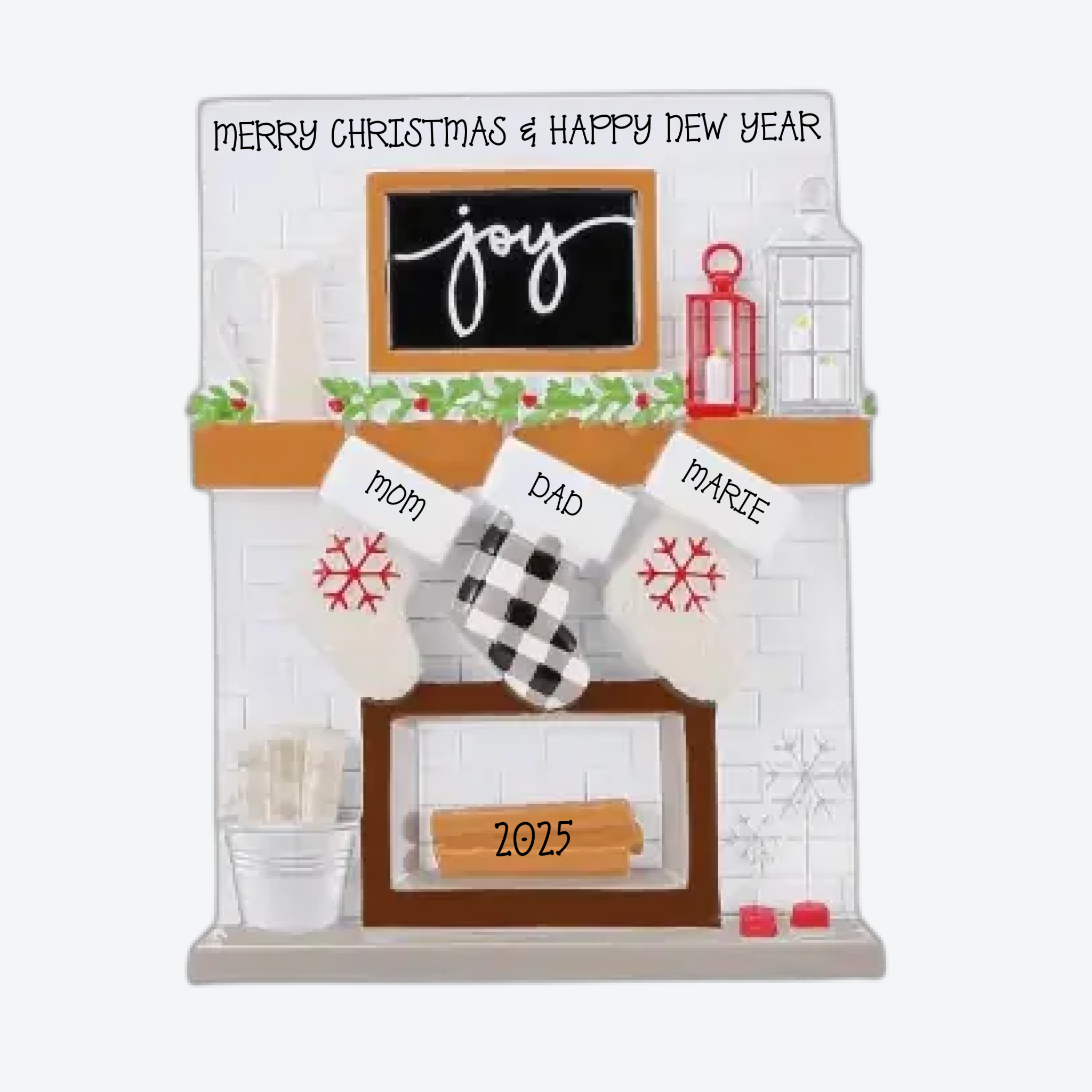 Fireplace Mantle Family of 3 Personalized Christmas Ornament
